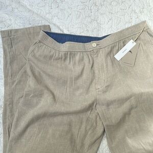 Tommy Bahama pants, beach, linen coast, stone, khaki elastic + zipper logo men’s